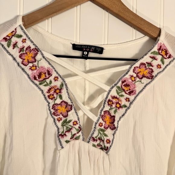 Love Peace Lazy Days Women’s White Long Sleeve Sheer Embroidered Blouse Size L - Picture 2 of 11
